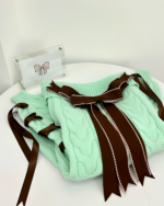 Mint knit set featuring a pale green sweater with brown ribbon accents and bow.