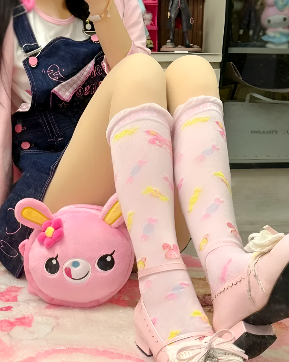 Pink Lolita socks with pastel bunny and bear patterns, Jojifuku aesthetic.