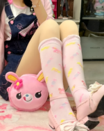 Pink Lolita socks with pastel bunny and bear patterns, Jojifuku aesthetic.
