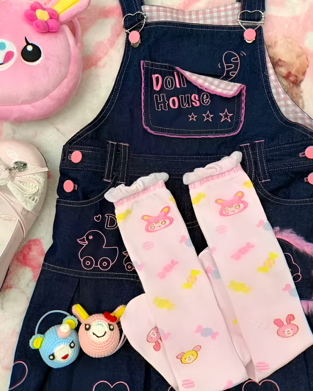 Pink Lolita Socks - Jojifuku Aesthetic, featuring a denim overall and cute plush toys.