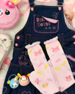 Pink Lolita Socks - Jojifuku Aesthetic, featuring a denim overall and cute plush toys.