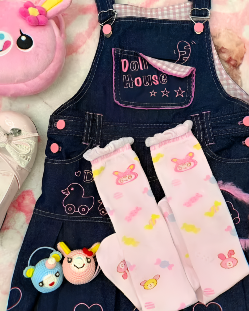 Pink Lolita Socks - Jojifuku Aesthetic, featuring a denim overall and cute plush toys.