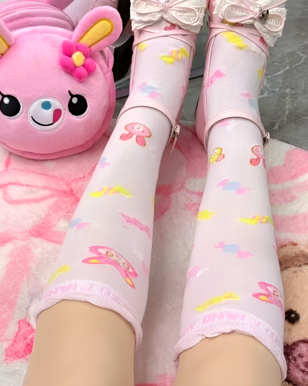 Pink Lolita Socks - Jojifuku Aesthetic, featuring a pastel pink design with floral and character motifs.