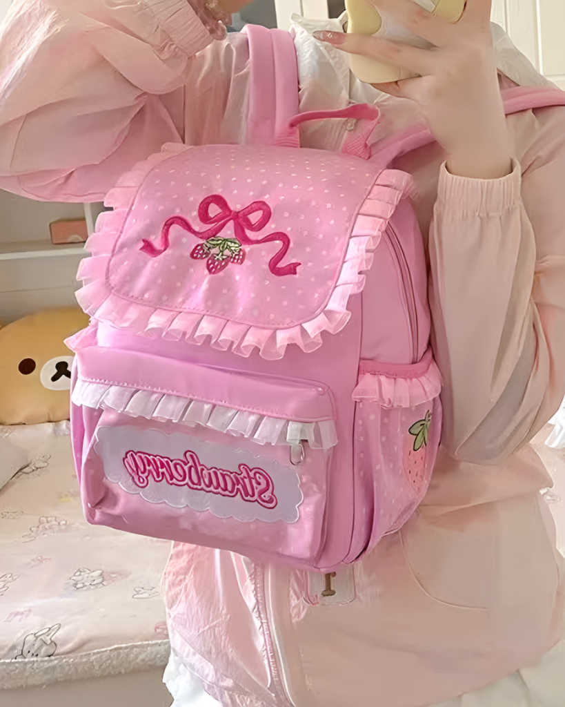 Pink strawberry backpack, Jojifuku Aesthetic style with strawberry details and ruffles.