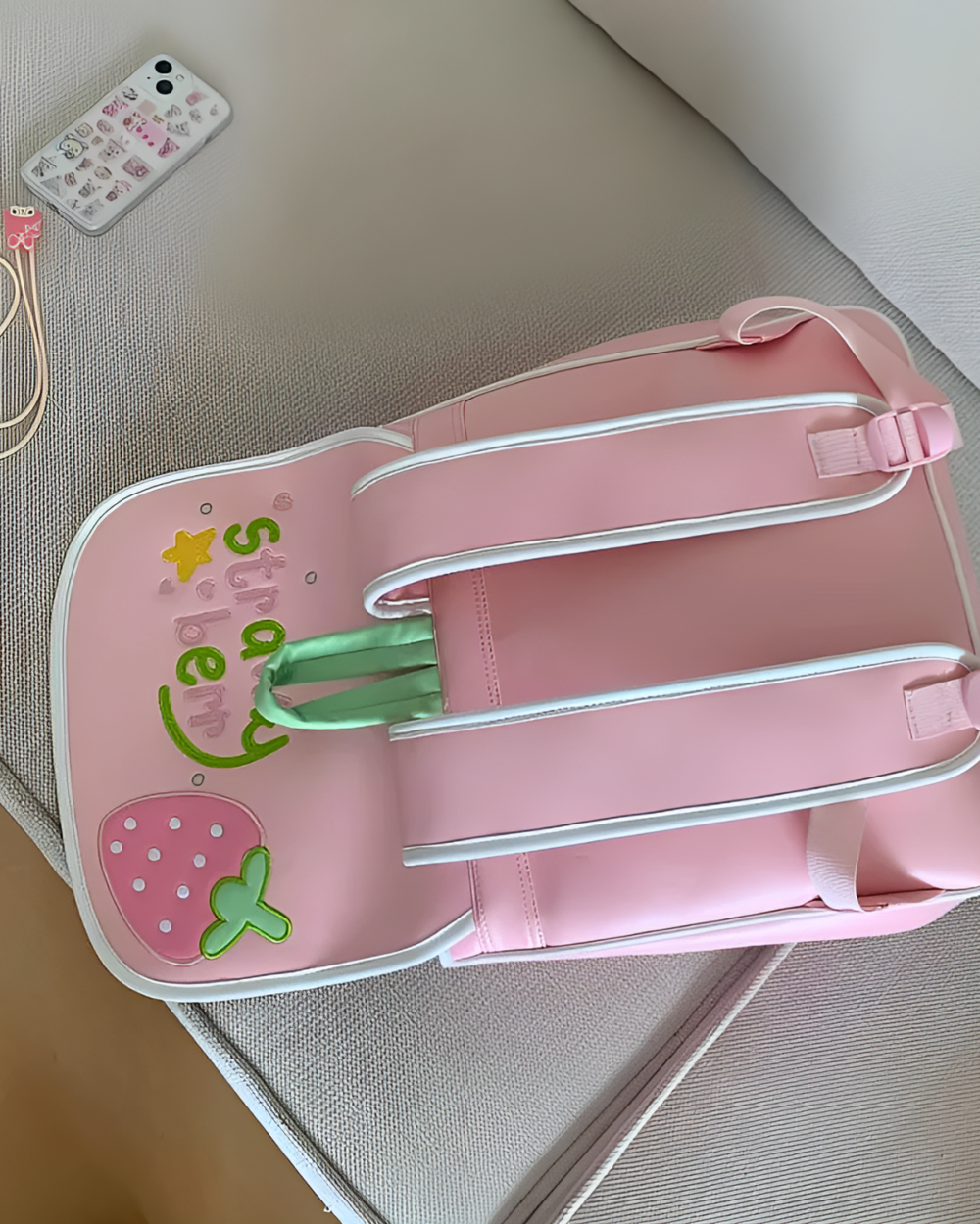 Pink strawberry ita bag with strawberry design and straps.
