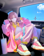 Pink and Yellow Yume Kawaii tracksuit worn by a cosplayer in a car.