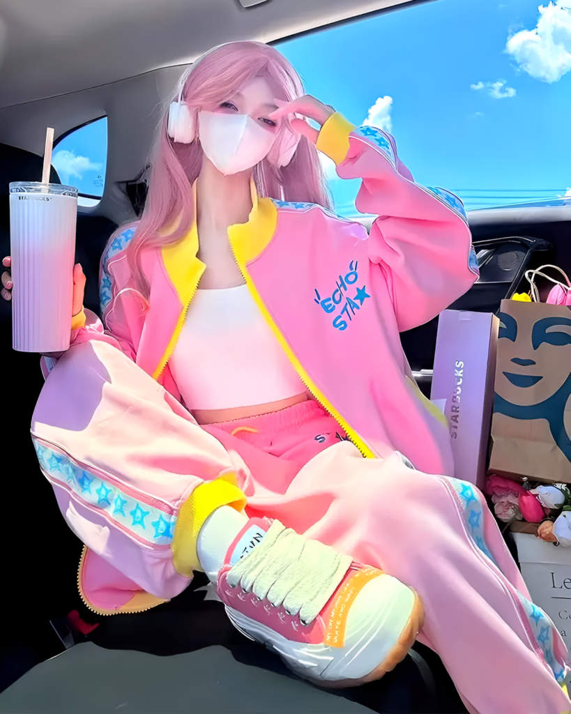 A person wearing a pink and yellow Yume Kawaii tracksuit, holding a Starbucks cup.