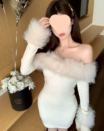 White Plush Christmas Dress with faux fur sleeves and neckline.