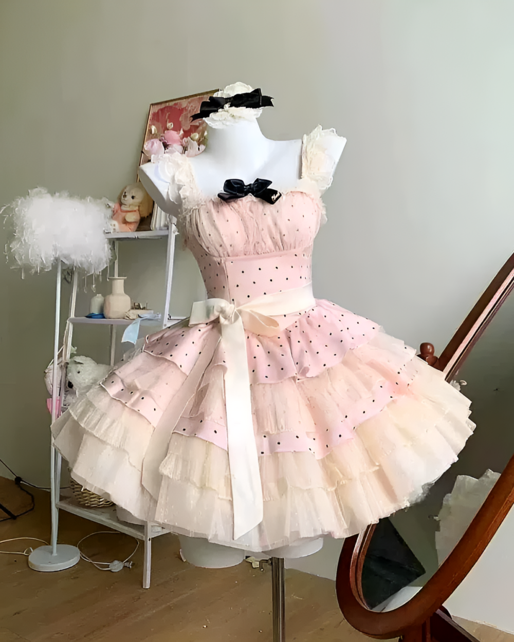 Polka dot Hime Lolita dress with ruffled tiers and a sweetheart neckline displayed on a mannequin.