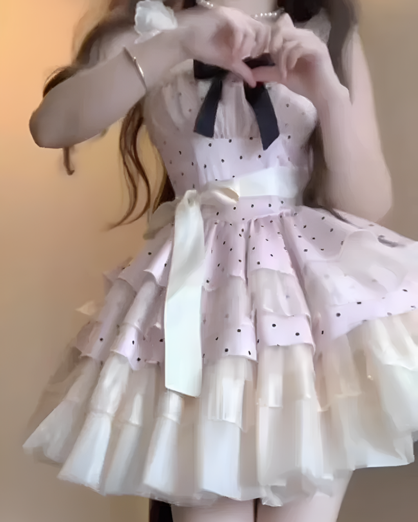 Pink polka dot Hime Lolita dress with ruffled skirt and bow. Features a sweetheart neckline and waist tie.