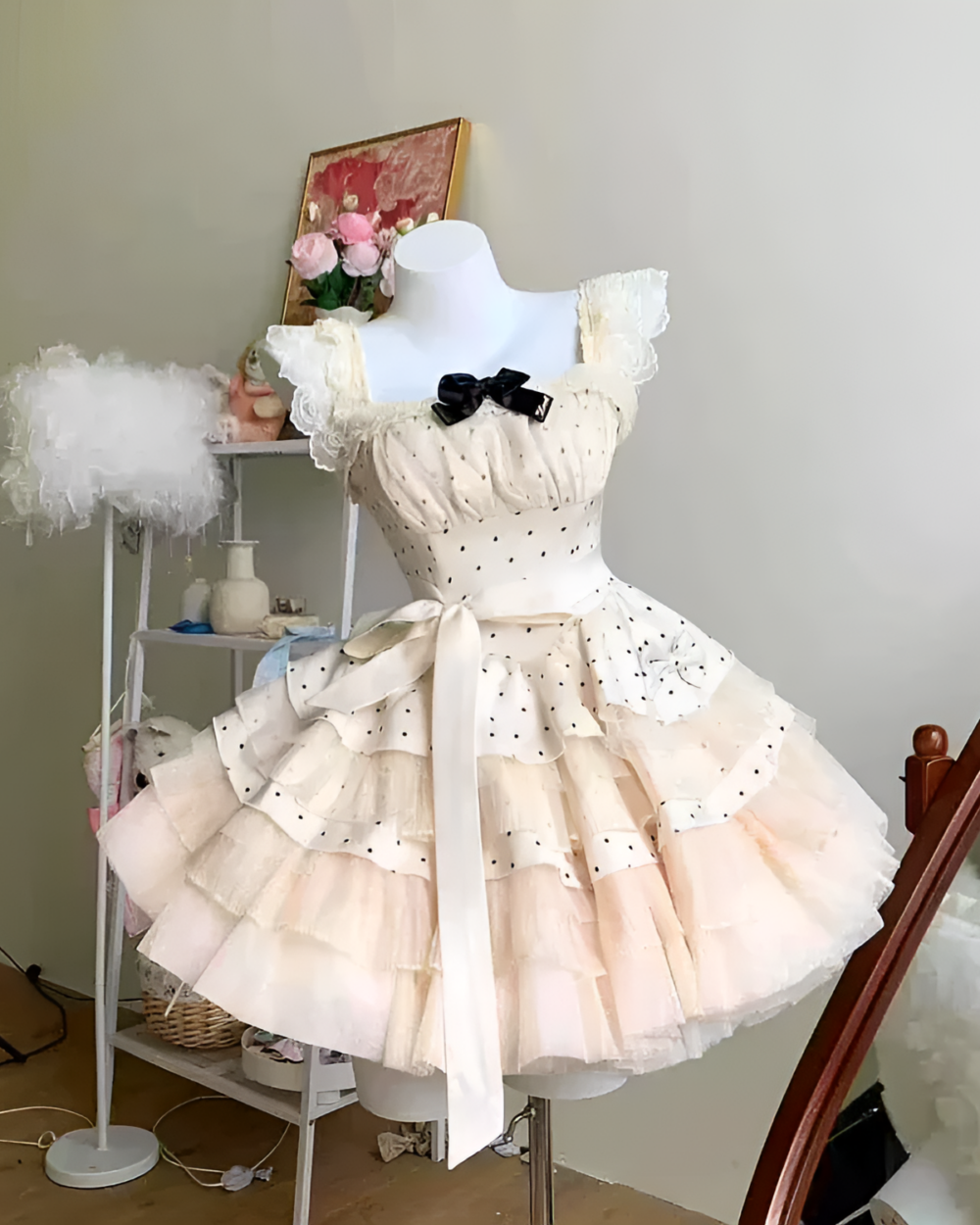 Polka dot ruffled Hime Lolita dress on a mannequin. Cream colored with a black bow and ribbons.