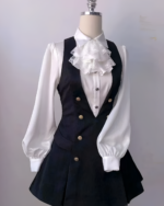 White blouse and black Ouji aesthetic dress set with frilled collar and matching vest.