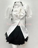 White and black Ouji aesthetic dress set with ruffled blouse and lace skirt.