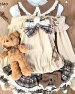 Brown Preppy Sweet Lolita Set with a ruffled collar, bow, and plaid skirt.