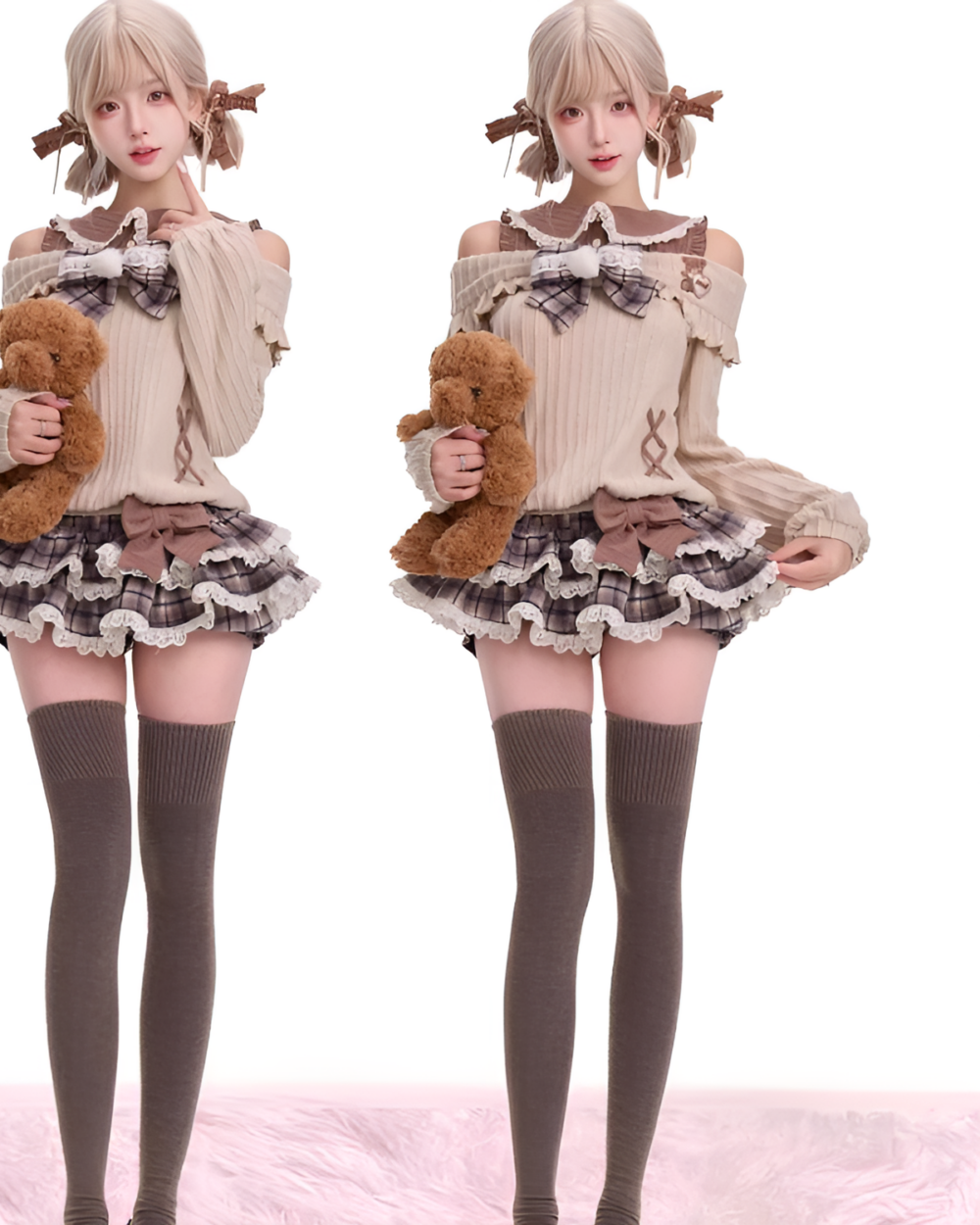 Two models wearing a Preppy Sweet Lolita Set - Dollette Aesthetic, featuring a cardigan, skirt, and thigh-high socks.