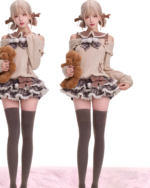 Two models wearing a Preppy Sweet Lolita Set - Dollette Aesthetic, featuring a cardigan, skirt, and thigh-high socks.