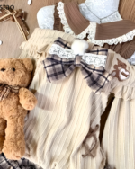 Preppy Sweet Lolita Set - Dollette Aesthetic featuring a striped romper, bow tie, and bear plush.