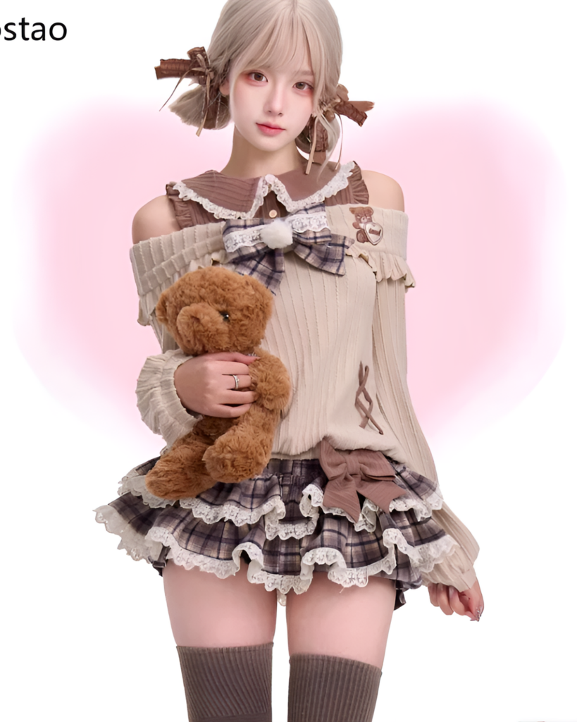 Model wearing a Preppy Sweet Lolita Set - Dollette Aesthetic, featuring a cardigan, skirt, and teddy bear.