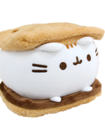 White Pusheen plushie shaped like a dessert sandwich, featuring brown and white plush fabric.