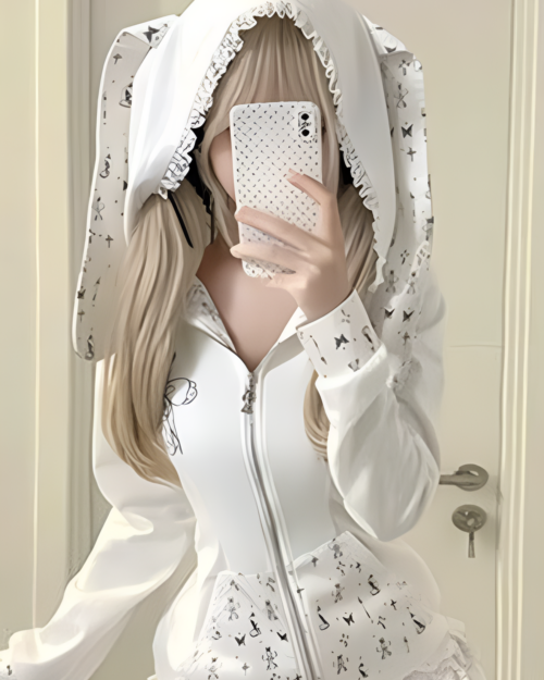 White rabbit eared hoodie with floral print and rabbit ears on the hood. A person takes a selfie wearing the hoodie.