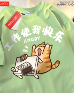 Light green tee with a rage kitty graphic tee design featuring an angry cat working on a laptop. Includes a tag.