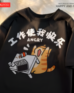 Rage Kitty graphic tee featuring an angry cat working at a computer with Asian characters. Black short-sleeve shirt.