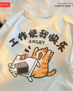 Rage Kitty graphic tee featuring an orange tabby cat at a desk with work-related items. The tee has Asian characters and the word "ANGRY".
