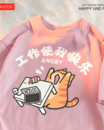 Pink t-shirt featuring a rage kitty graphic tee with an orange tabby cat working on a laptop.