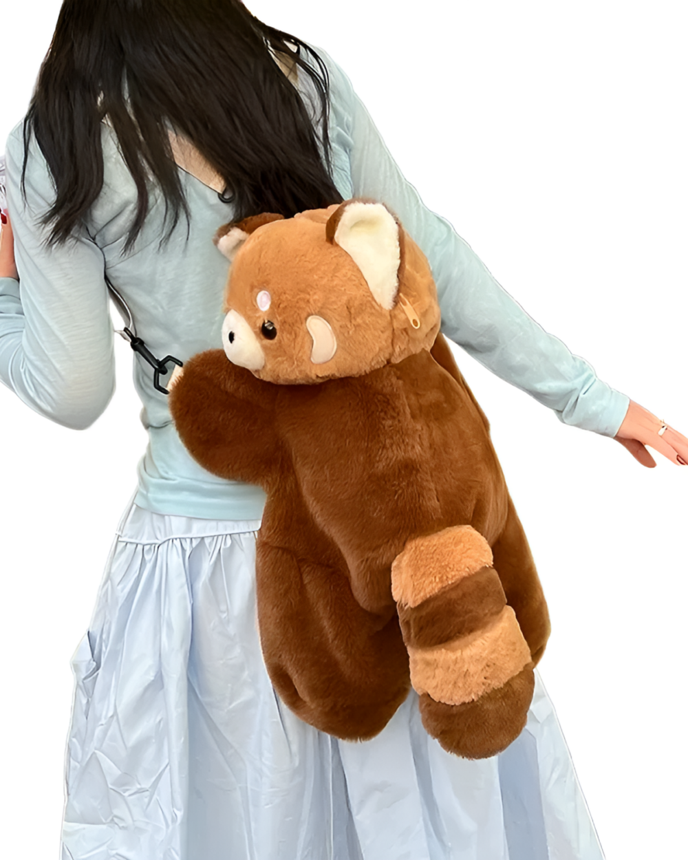 Brown Red Panda Plush Backpack being carried by a woman.