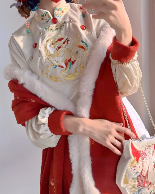 Close-up of a Red Qipao Dress - Qi Lolita Aesthetic, featuring embroidery and fur trim.