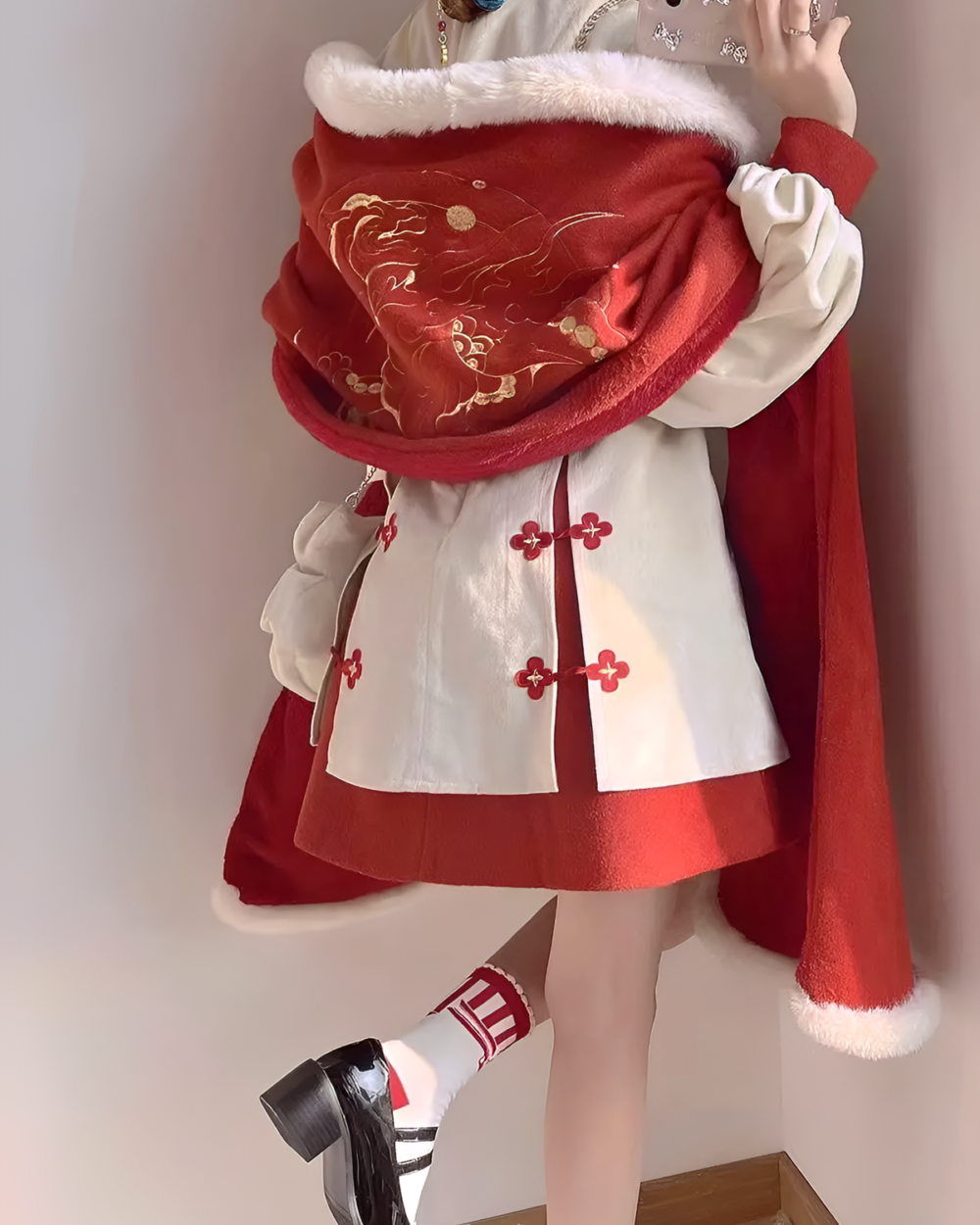 Red Qipao Dress - Qi Lolita Aesthetic with fur shawl and layered skirt.