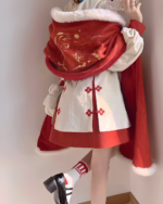 Red Qipao Dress - Qi Lolita Aesthetic with fur shawl and layered skirt.