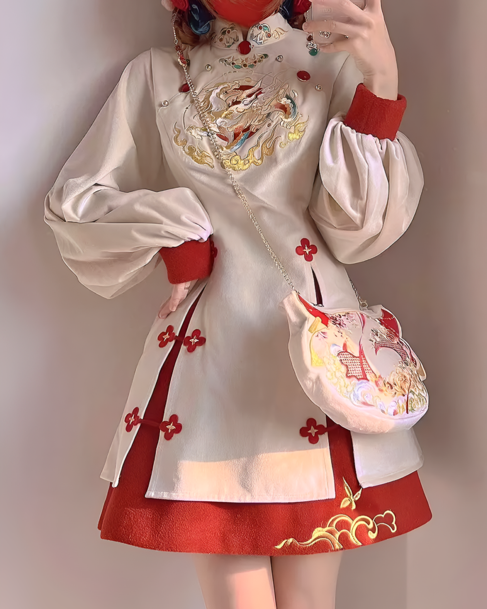 Red Qipao Dress - Qi Lolita Aesthetic featuring a white blouse with dragon embroidery and red trim.