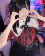 Red Wine Ruffled Blouse - Jirai Kei aesthetic, featuring a woman in a layered outfit with ruffles.