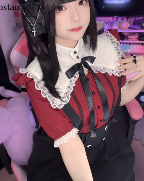 Red Wine Ruffled Blouse - Jirai Kei aesthetic top worn by a model.