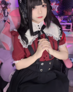 Red Wine Ruffled Blouse - Jirai Kei aesthetic, featuring a layered design with ruffles and buttons.