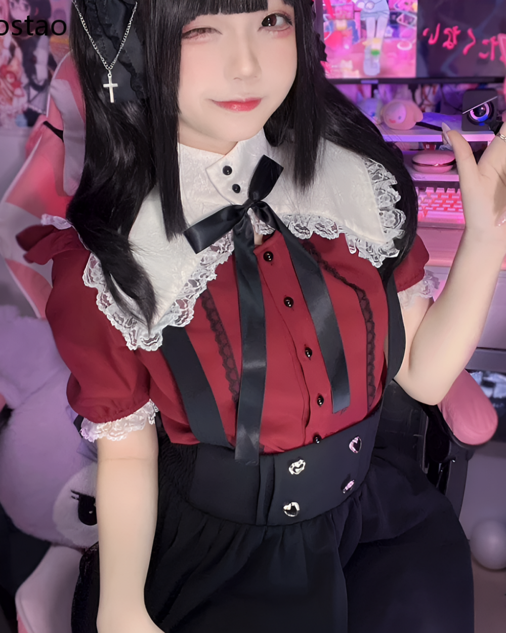 Red Wine Ruffled Blouse - Jirai Kei aesthetic top worn by a model.