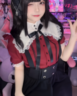 Red Wine Ruffled Blouse - Jirai Kei aesthetic top worn by a model.