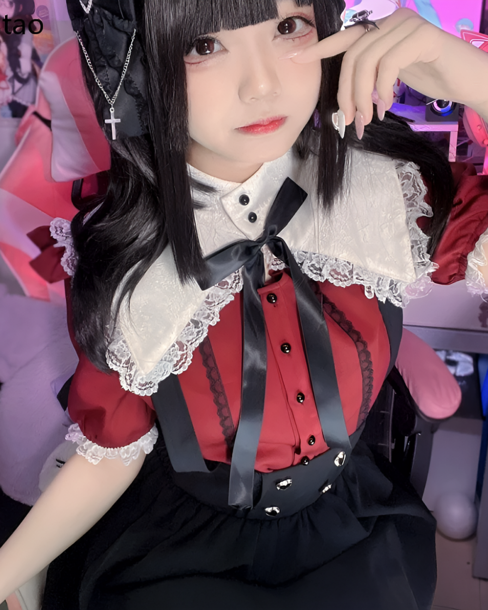 Red Wine Ruffled Blouse in Jirai Kei aesthetic, featuring lace trim and a black bow.