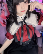 Red Wine Ruffled Blouse in Jirai Kei aesthetic, featuring lace trim and a black bow.