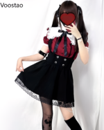 Red Wine Ruffled Blouse - Jirai Kei aesthetic, a black and burgundy dress with ruffles and suspenders.
