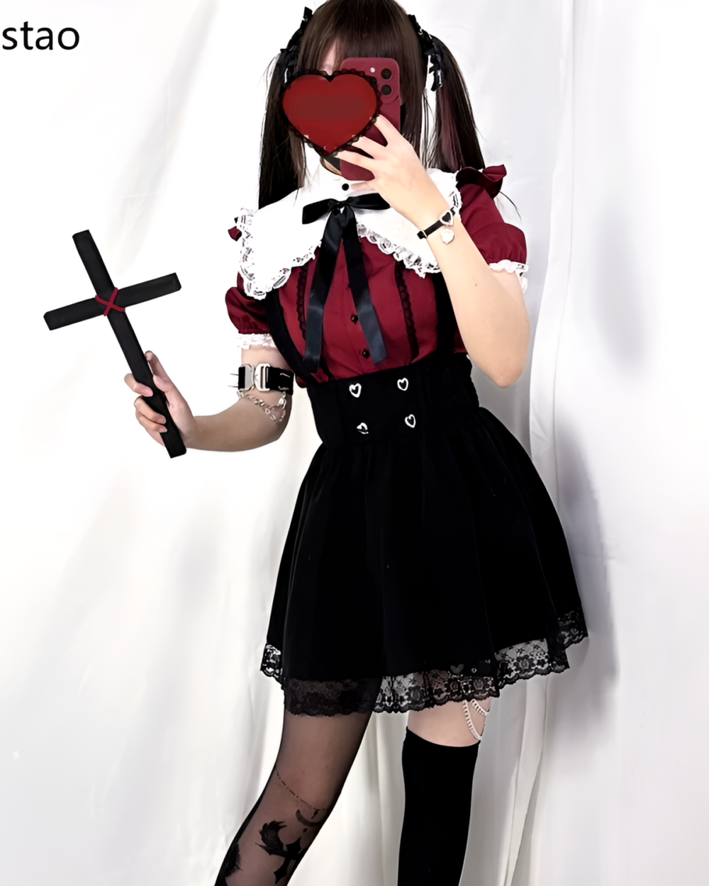 Red Wine Ruffled Blouse in Jirai Kei aesthetic, featuring a black skirt and lace details.