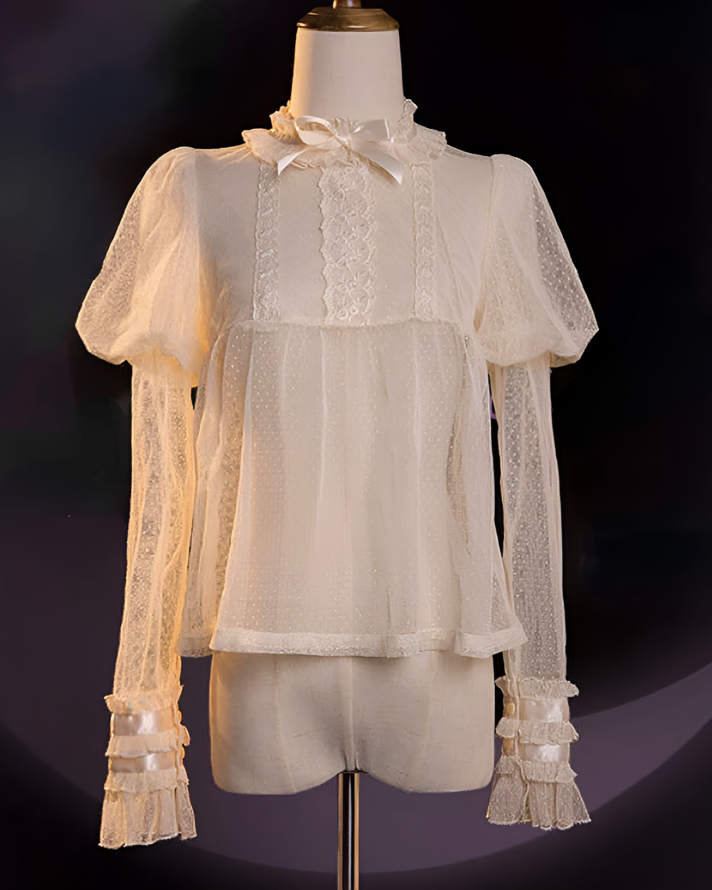 Cream colored Hime Lolita blouse featuring lace trim, puff sleeves, and a high collar.