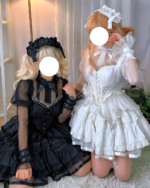 Two Retro-Style Blouses - Hime Lolita blouse, featuring black and white lace detailing, worn with headbands.