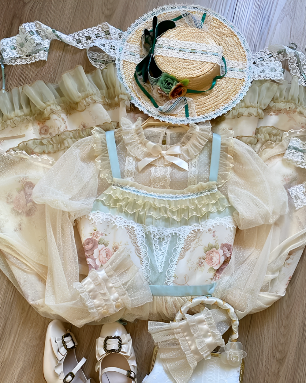 Retro-Style Blouses - Hime Lolita blouse featuring lace, ruffles, and a floral print with hat and shoes.