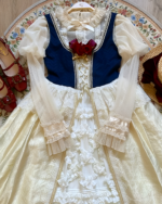 Cream-colored Hime Lolita blouse with lace details and a fitted bodice, displayed on a hanger.