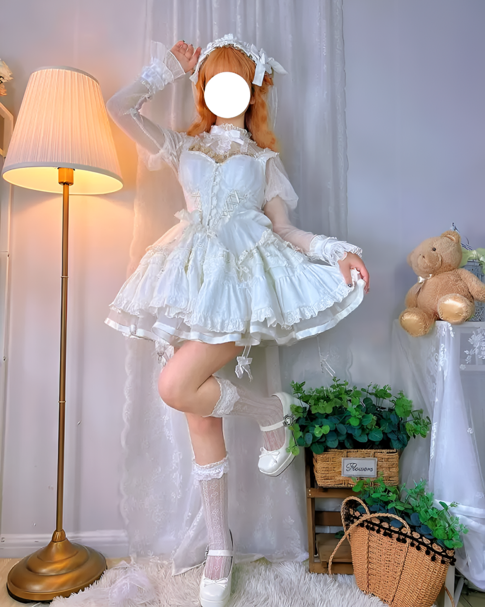 White Hime Lolita blouse with lace trim and ruffled skirt, styled with accessories.