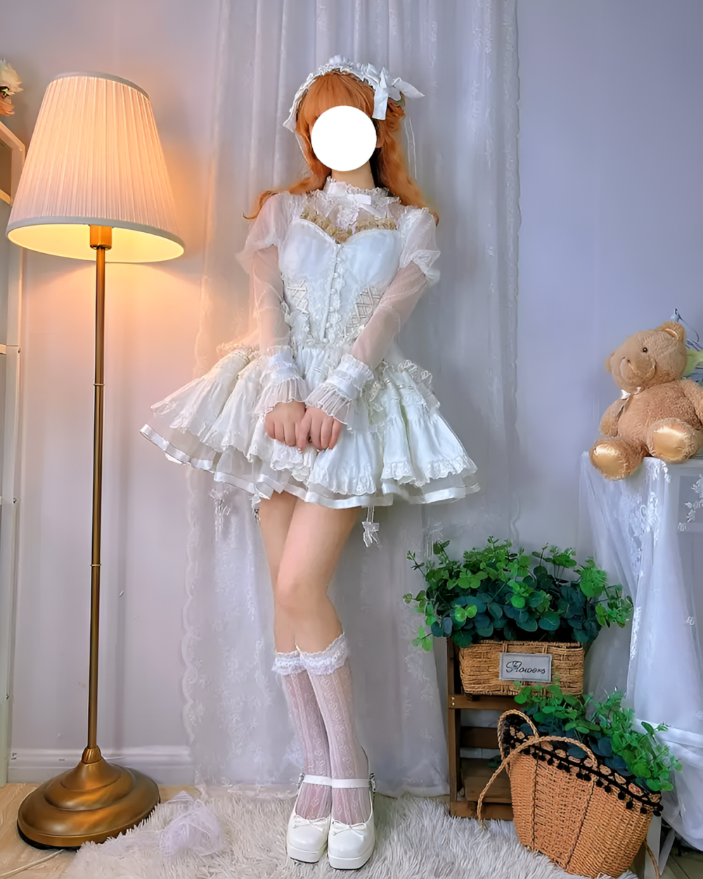 White Hime Lolita blouse with layers and lace, paired with socks and shoes, styled with accessories.