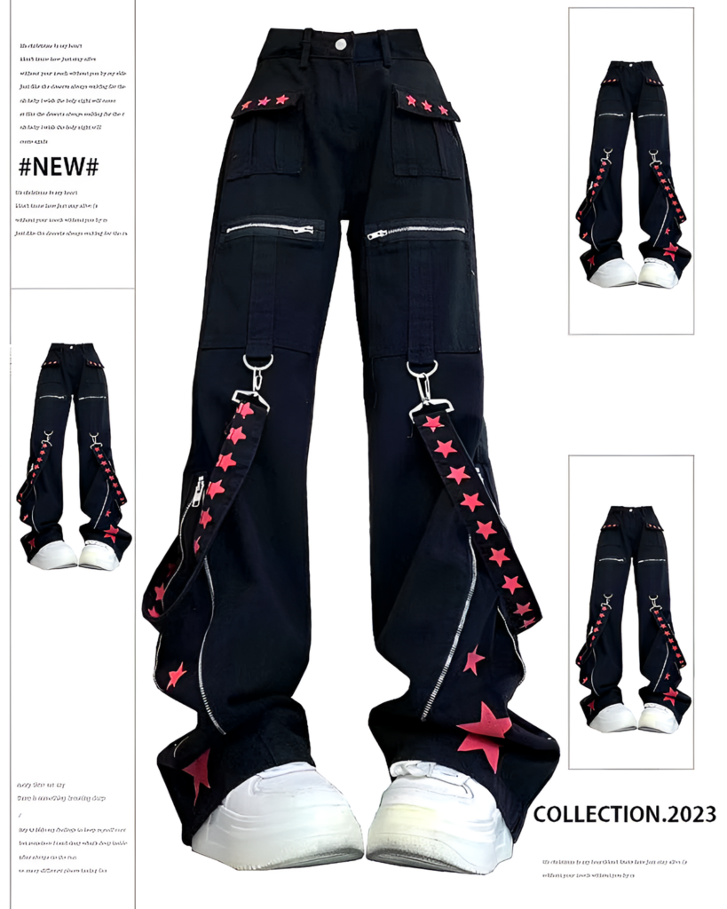 Riot Star-Strap Cargo Pants, showcasing the Y2K aesthetic with star details and a relaxed fit. These Y2K cargo pants feature buckle straps.