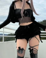 Model wearing Ruffled Dark Bloomers with a black top, showcasing the mall goth aesthetic. Includes garter straps and thigh-high socks.